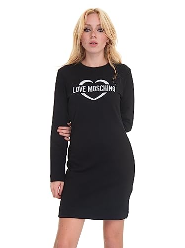 Love Moschino Damska sukienka z długim rękawem z nadrukiem holograficznym w sercu, czarny, 48