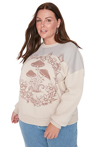 Trendyol Damska bluza z okrągłym dekoltem jednokolorowa, regularna, plus size, BEŻOWY, XXL duże rozmiary