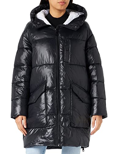 DKNY Damski płaszcz buforowy z długim rękawem na mokro, czarny, XS