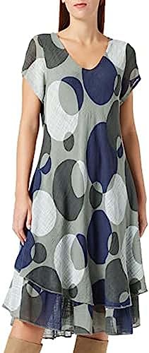 Bonateks, Sukienka z okrągłym kołnierzem i średniej długości z kropkami, podwójnymi falbankami i krótkimi rękawami, 100% len, rozmiar US: L, lekki khaki - wyprodukowano we Włoszech, zielony, 40