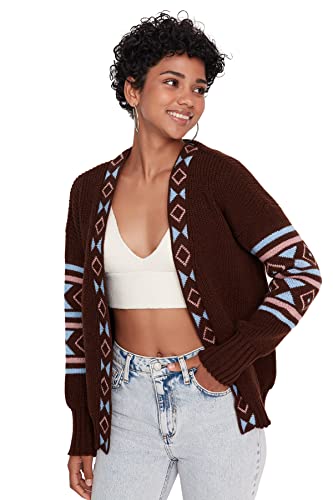 Trendyol damski sweter z dzianiny z dekoltem w serek, brązowy, br?zowy, M