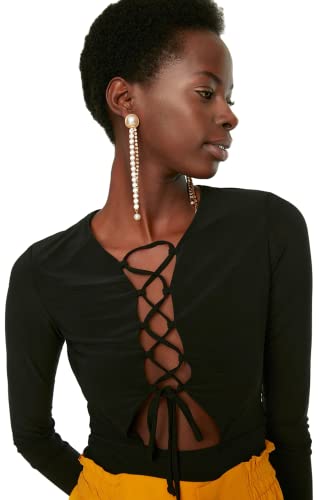 Trendyol Kobieta Regularny Standard Załoga Neck Tkaniny Bodysuit Koszula Damska, Czarny, 34