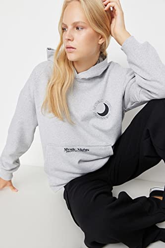 Trendyol Damska bluza z kapturem z sloganem, szara, S, Szary