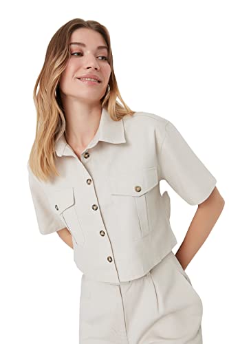 Trendyol Damska koszula z tkanym kołnierzem Boxy Fit Basic, KAMIEŃ, 40