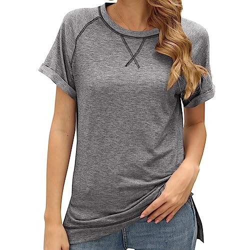 Clotth Damska koszulka Colorblock Crossover Loose Top z krótkim rękawem Casual T-Shirt, Jasnoszary - L, L
