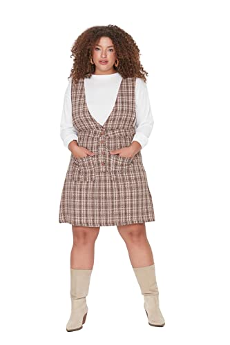 Trendyol Damska kamizelka Jile dekolt w serek tkana sukienka plus size, Brązowy, 72