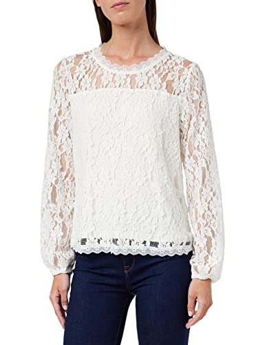 Damska bluzka z koronką okrągłą szyją długie rękawy Regular Fit Button zapięcie damskie, Snow White, S