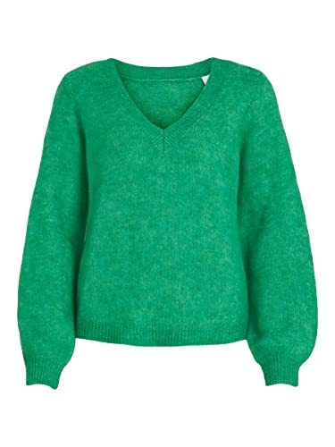 Vila Damski sweter VIJAMINA REV V-Neck L/S Knit TOP-NOOS dzianinowy sweter Kelly Green/Szczegóły: melanż, M, Zielony Kelly/Szczegóły: melanż, M