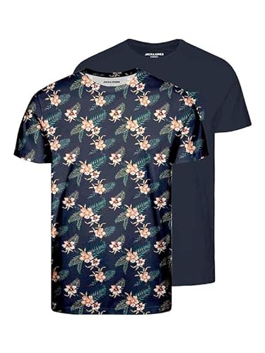 JACK & JONES Męski T-shirt z okrągłym dekoltem JJBECS Pocket&AOP - 2 sztuki - Regular Fit, Navy Blazer Navy Blazer Pocket+Aop, L