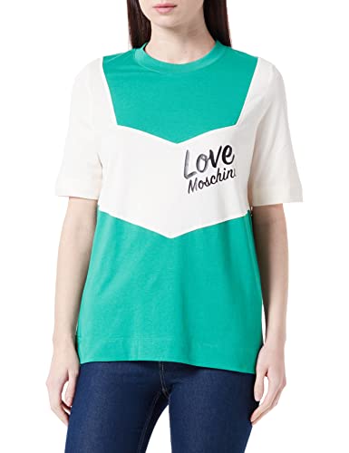 Love Moschino Damska koszulka z krótkim rękawem o regularnym kroju z kontrastowymi wstawkami, Zielony beżowy, 64
