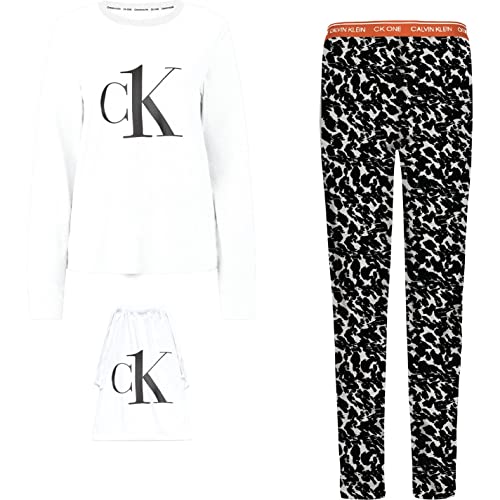 Calvin Klein Damskie spodnie zestaw piżama L/S, Białe/Dist Animal Print Owies Ozdoby, L