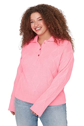 Trendyol Damski sweter z dzianiny plus size Regular Shift Polo Neck Plus Size, różowy, 5XL