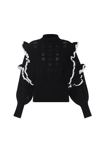 faina Damski sweter z dzianiny w stylu vintage z falbankami czarny rozmiar M/L, czarny, XL