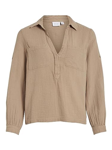 Vila Damski top z długimi rękawami, dekolt w serek, savannah tan, 40