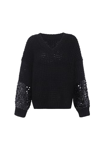 faina Damski sweter z dzianiny z dekoltem w serek i cekinowymi rękawami, czarny, rozmiar XL/XXL, czarny, XL