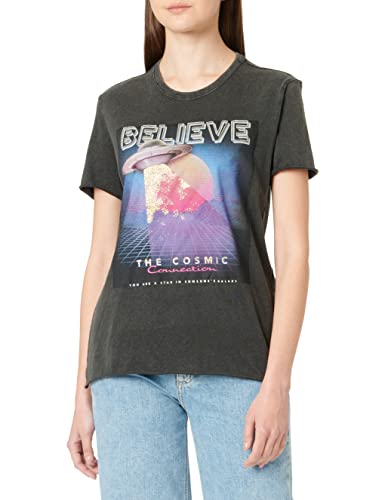 ONLY Onllucy Reg S/S Universe Top Box JRS T-Shirt damski, Czarny/nadruk: believe, S