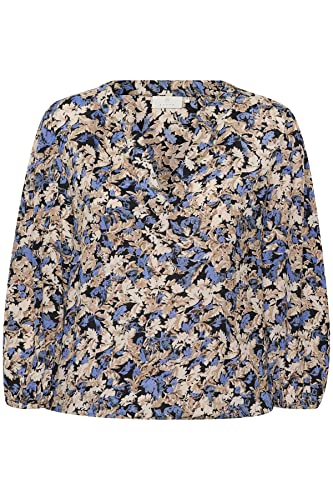 KAFFE Damska koszulka z długim rękawem, niebieski/brązowy odcień liścia nadruku, 40