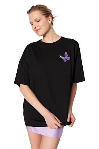 Trendyol Damska koszulka oversize basic z okrągłym dekoltem, czarna, L, Czarny, L