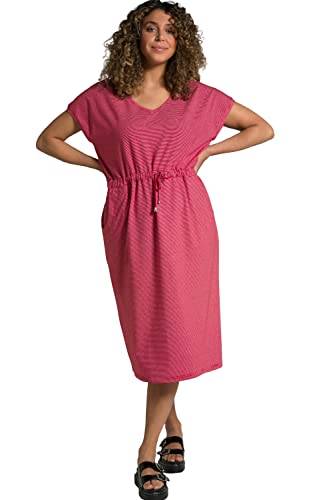 Ulla Popken Damska sukienka midi w paski, oversized, dekolt w serek, sukienka z półrękawami, czerwona, 46/48