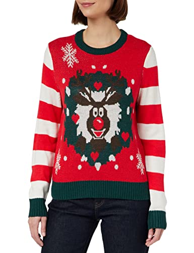 ONLY Damski sweter z dzianiny w paski, High Risk Red/Pattern:w. Ponderosa Pine/Slate Black/Cloud Dancer, S