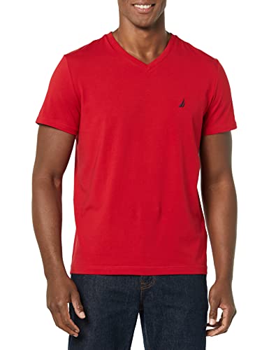 Nautica Męski T-shirt z krótkim rękawem Solid Fit z dekoltem w serek, czerwony, L