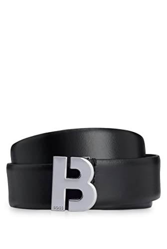 BOSS Męski pasek z klamrą B Icon z monogramem z włoskiej skóry, Czarny, 120