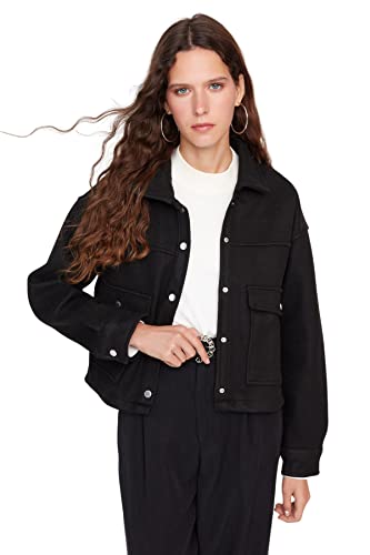 Trendyol Damska koszula z kołnierzykiem, jednokolorowa, oversize, kurtka zimowa, czarny, S, Czarny