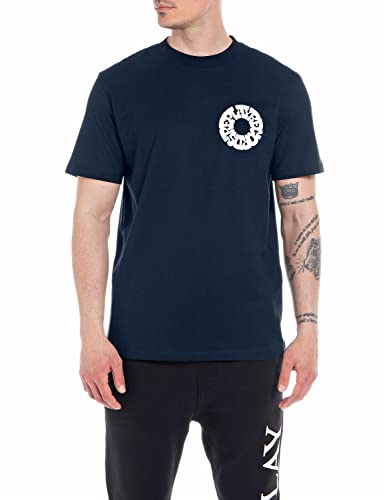 Replay T-shirt męski z krótkim rękawem z nadrukiem, 085 niebieski, L