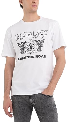 Replay Męski T-shirt z krótkim rękawem okrągły dekolt Light the Road, biały (White 001), XS, Biały 001, XS