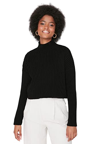 Trendyol Damska bluza z golfem, jednokolorowa, oversize, sweter, Czarny, M