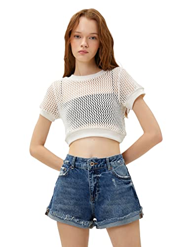Koton Koszulka damska Crew Neck Short Sleeve Crop, Ecru (010), XS