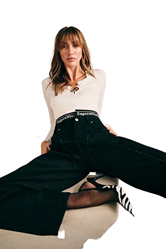 Trendyol Damskie spodnie jeansowe z wysokim stanem i szerokimi nogawkami, Czarny, 64