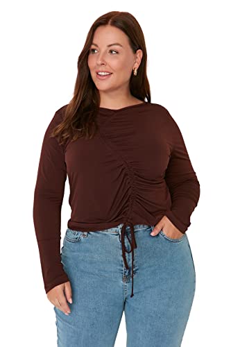 Trendyol Damska damska damska regularna standardowa dzianinowa bluzka z okrągłym dekoltem plus size, brązowa, XL, Brązowy, XL