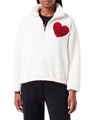 Love Moschino Damska bluza z suwakiem w kolorze Eco Teddy Fur with Heart Patch. Bluza, kremowy, 42