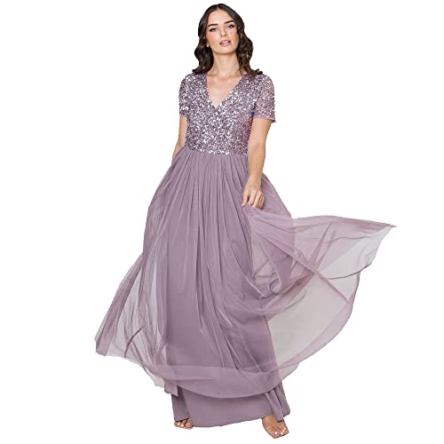 Maya Deluxe Women's V Neckline Embellished V Neck Maxi Dress Short Sleeve Empire Waist Prom Graduation Bridesmaid Wedding Guest Sukienka dla druhny Kobieta, Moody Lilac, 18