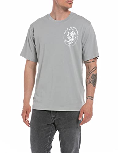 Replay T-shirt męski z krótkim rękawem z nadrukiem, 111 jasnoszary, XXL