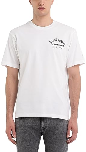 Replay Męski T-shirt z krótkim rękawem, okrągły dekolt, z nadrukiem z tyłu, Natural White 011, XS