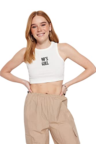 Trendyol Damska koszulka z dzianiny slim fit basic z okrągłym dekoltem, Ecru, M