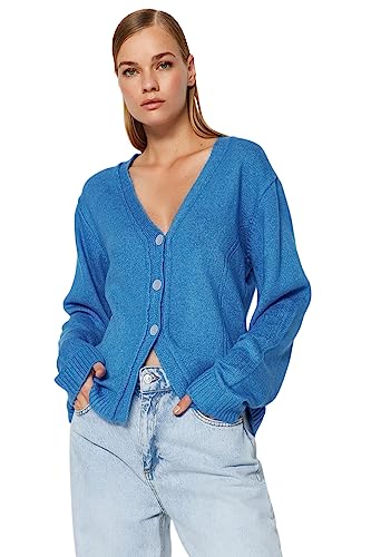 Trendyol FeMan Oversize Basic kardigan z dzianiny z dekoltem w serek, niebieski, M, NIEBIESKI, M