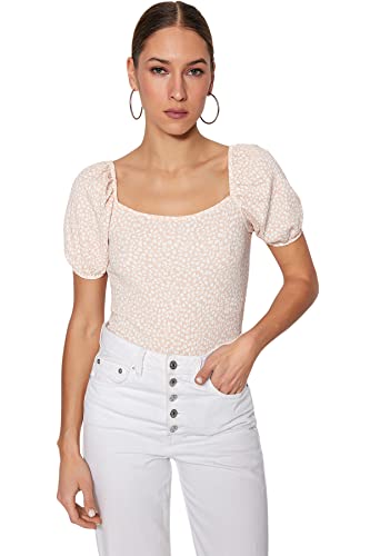 Trendyol Damska bluzka z dzianiny o dopasowanym kroju z kwadratowym kołnierzem, puder, XL, Proszek, XL