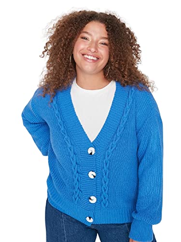 Trendyol Damska dzianina, plus size, luźna, podstawowa, dekolt w serek, kardigan plus size, NIEBIESKI, 3XL