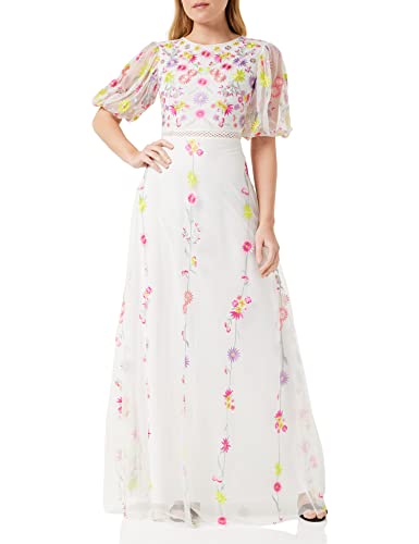 Frock and Frill Damska kwiecista haftowana sukienka na specjalne okazje, biała, 10, biały, 36