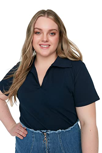 Trendyol Damska bluzka polo o regularnym kroju basic z dzianiny plus size, granatowy, 3XL