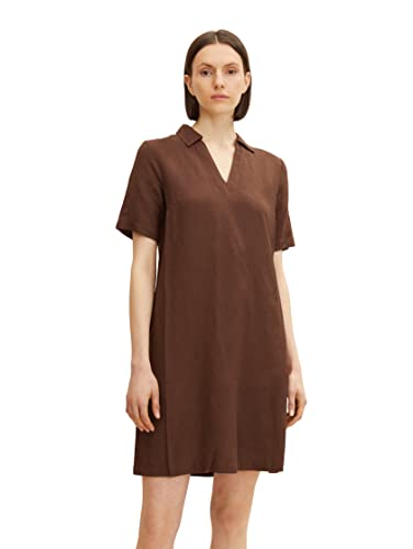 TOM TAILOR Damski lniana sukienka z kołnierzem 1031367, 29521 - Chocolate Brown, 38