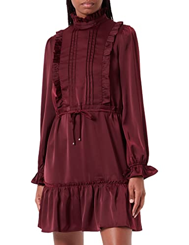 Pretty Darling Damska bordowa falbanka binding detal satynowa koszula sukienka na co dzień, Burgund, 38