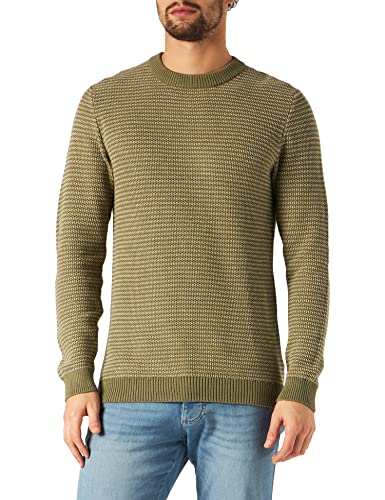 SELECTED HOMME Sweter męski w paski, Deep Lichen Green/Detail:bone White, XL