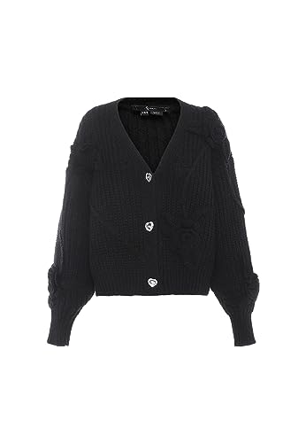 faina Damski sweter z dekoltem w serek, trójwymiarowy szydełkowany kwiat, czarny, rozmiar XL/XXL, czarny, XL