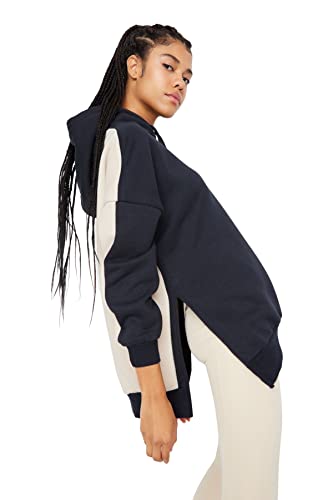 TRENDYOL Bluza damska z kapturem Colorblock Loose Fit, granatowy, M