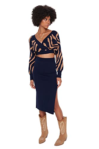 Trendyol Damski sweter w paski średni sweter - koszulka dwuczęściowy zestaw, granatowy, M