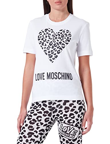 Love Moschino Damska koszulka o regularnym kroju z krótkim rękawem z motywem zwierzęcym serca i logo Maxi, optical white, 44